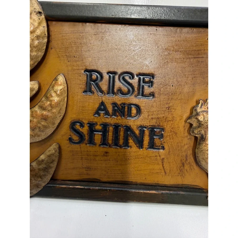 Rise and Shine Metal Wall Sign Rustic Farmhouse Rooster Sun Decor 12in